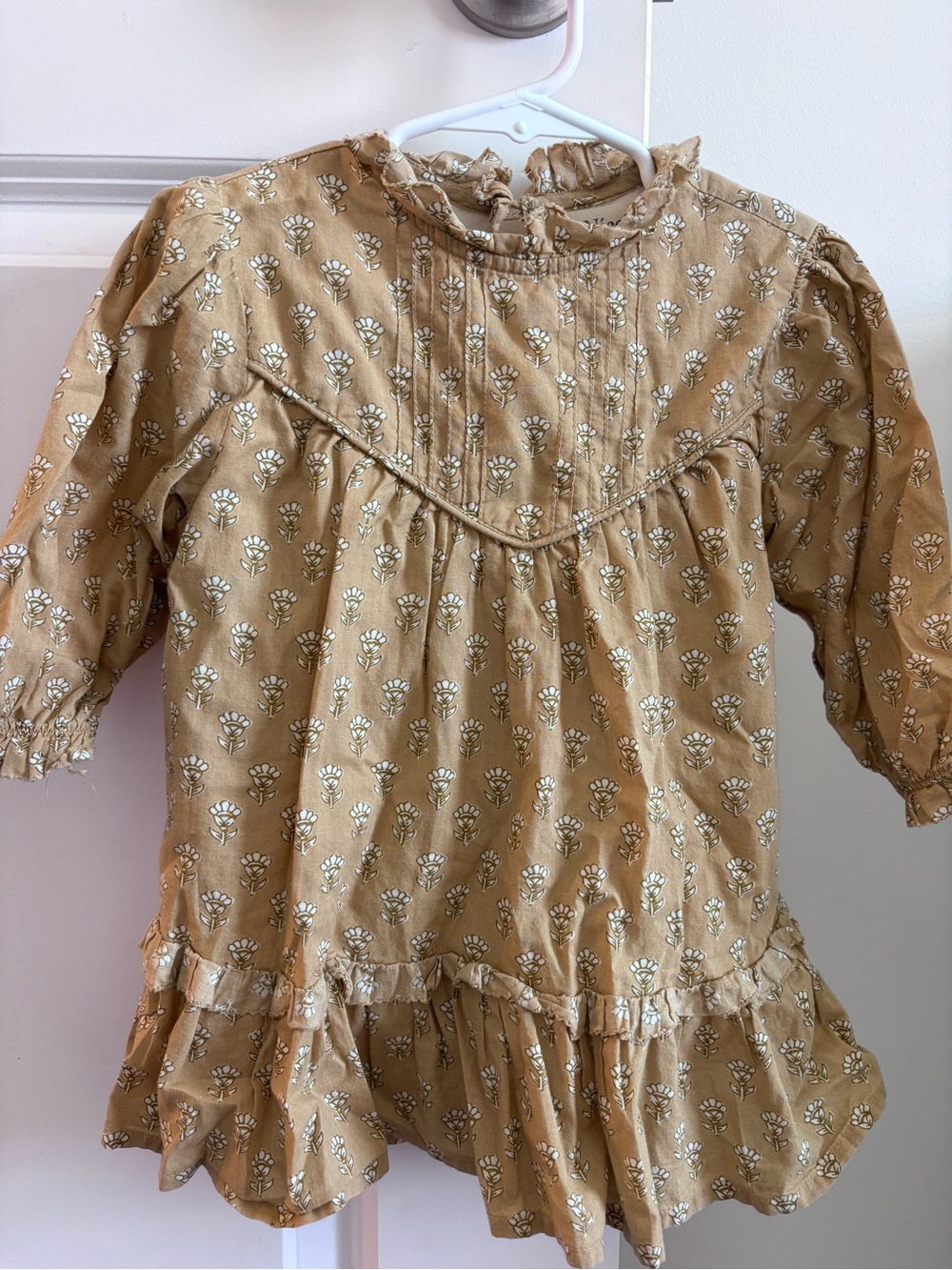 Girls Floral Pintuck Ruffle Dress - Mustard